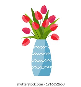 Red tulips vase in flat style on white background. Spring bouquet. Vector illustration.