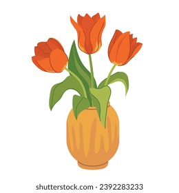 Jarrón de tulipanes rojos de estilo plano sobre fondo blanco. Ramo de primavera. Ilustración vectorial.