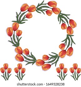 Red tulips vector round frame. Bouquet of tulips, wreath of yellow-red tulips vector