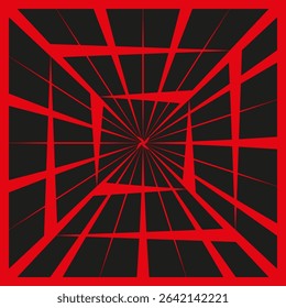 Red tunnel effect. Vector optical grid. Perspective depth illusion. Geometric black background