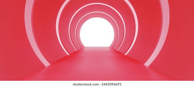 Red tunnel with round arches and light at end. Vector realistic illustration of long pipe corridor perspective, road inside futuristic hallway, modern art gallery design, abstract stage decoration