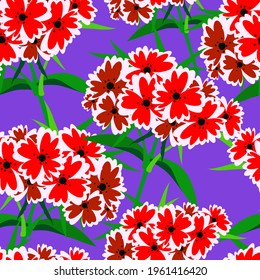 Red Turkish carnation seamless pattern in abstract style on red background. Botanical print. Vintage turkish carnation seamless pattern; great design for any purposes. Spring bouquet. Fabric pattern.