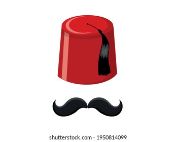 Red Turkish hat fez and black mustache vector isolated element, Turkish symbols.