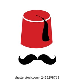 Red Turkish hat fez and black mustache vector isolated element, Turkish symbols.