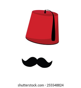 Red Turkish Hat Fez And Black Mustache Vector Isolated, Turkish Symbols