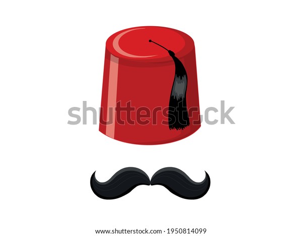 Red Turkish Hat Fez Black Mustache 