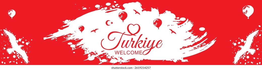 Red Turkiye Welcome banner with Turkish symbols crescent, star, birds. Perfect for travel, cultural events  greetings. Easy to customize! Vector