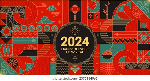 Red turquoise black 2024 Chinese Dragon Lunar New Year card. Modern geometrical traditional decoration. Flat vector ornamental design for calendar, invitation and social media. Holiday background.