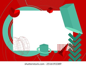 Red and Turquoise geometrical graphic retro theme background with place for text. Minimal geometric elements frame. Vintage abstract shapes vector illustration for advertising.