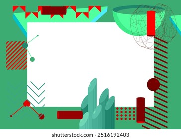 Red and Turquoise geometrical graphic retro theme background with place for text. Minimal geometric elements frame. Vintage abstract shapes vector illustration for advertising.