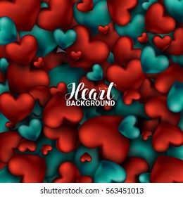 Red and turquoise heart. Valentines day card. Love romantic 3D Realistic Red Hearts Background. February 14. Vector Illustration