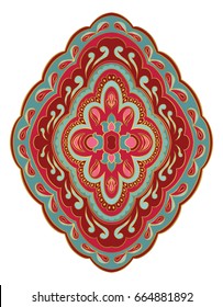 Red and turquoise medallion for design. Template for carpet, wallpaper, textile. Vector colorful pattern on a white background.