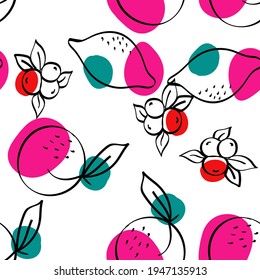 Red and Turquoise Orange and Berry Vector White Seamless Pattern. Cute Citrus and Blueberry Print. Bright Fruit Summer Design.