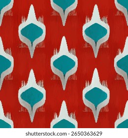 Red and turquoise with white paint brush strokes, symmetrical geometric shapes. grunge lines ikat pattern, ikat seamless pattern, Vector illustration background for print the paper.