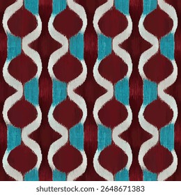 Red and turquoise-colored patterned fabric with white wavy lines, grunge lines ikat pattern, ikat seamless pattern, Vector illustration background for print the paper.