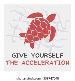 Red turtle floating on the waves. On a gray background with the text: give yourself the acceleration. Vector image. The concept of street art. Vintage. Can be used as graffiti, prints, posters.