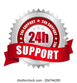 Red twenty-for hour support badge with ribbon on white background