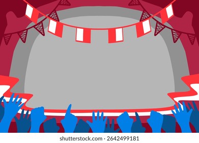 A red twibbon design with flags and blue hands up of a crowd for indonesia independence day