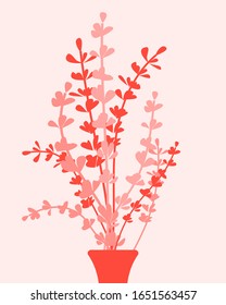 Red twigs with leaves in vase vector flat illustration. Branches in glass. Happy spring Day, Woman day, invitation, posters, brochure, voucher, discount, spring vacation card design template.