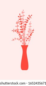 Red twigs with leaves in vase vector flat illustration. Branches in glass. Happy spring Day, Woman day, invitation, posters, brochure, voucher, discount, spring vacation card design template.