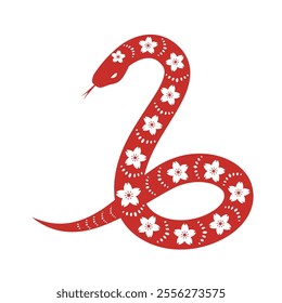 Red twisted snake with floral ornament. Hand drawn vector illustration in asian style.