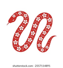 Red twisted snake with floral ornament. Hand drawn vector illustration in asian style.