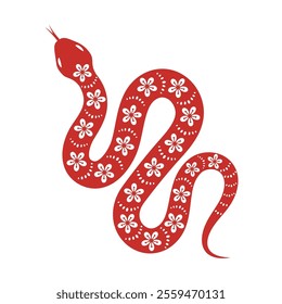 Red twisted snake with floral ornament. Hand drawn vector illustration in asian style.