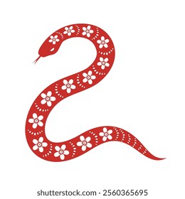 Red twisted snake with floral ornament. Hand drawn vector illustration in asian style.