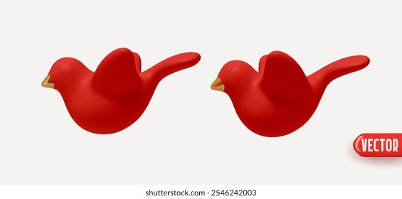 Red Two birds made of plastic and ceramics realistic 3d cartoon style isolated on a white background. vector illustration