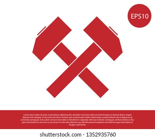Red Two crossed hammers icon isolated on white background. Tool for repair. Vector Illustration