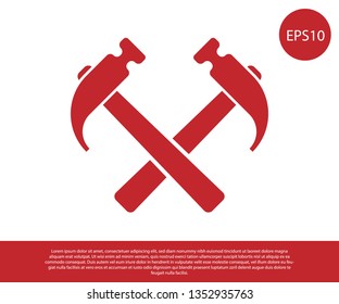 Red Two crossed hammers icon isolated on white background. Tool for repair. Vector Illustration