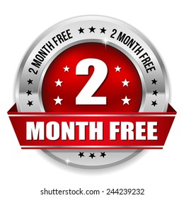 Red two month free badge with silver border on white background