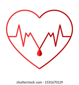 Red (two shades, light and dark) heart with a pulse line and a drop of blood inside, white background, vector graphics, vector illustration