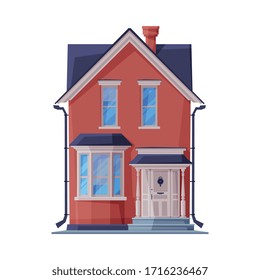 Red Two Storey Suburban Residential House with Porch, Country Real Estate Flat Vector Illustration