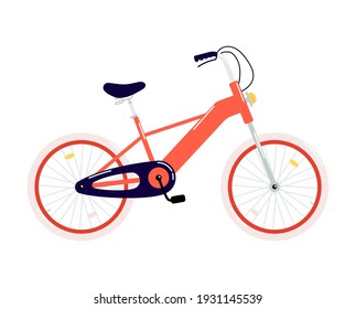 Red two-wheeled bicycle. Bright cartoon bicycle with hand brake and headlight. Transport vehicle illustration vector isolated on white background.