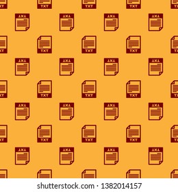 Red TXT file document icon. Download txt button icon isolated seamless pattern on brown background. Text file extension symbol. Vector Illustration