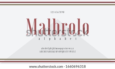 Red typo with classic minimal modern typeface typo typography alphabet fonts and number, uppercase lowercase and number. Vector illustration with white color background. Marlboro, Malbrolo, Smoke, Smo