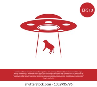 Red UFO abducts cow icon isolated on white background. Flying saucer. Alien space ship. Futuristic unknown flying object. Vector Illustration