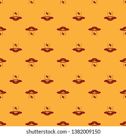 Red UFO abducts cow icon isolated seamless pattern on brown background. Flying saucer. Alien space ship. Futuristic unknown flying object. Flat design. Vector Illustration
