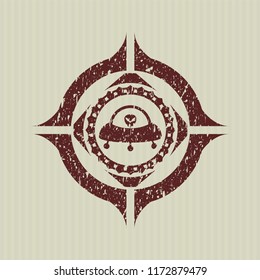 Red ufo with aline inside icon inside distressed rubber stamp