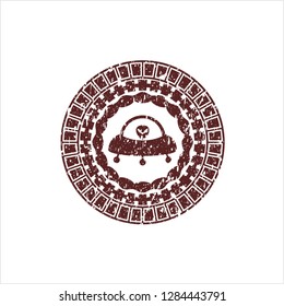 Red ufo with aline inside icon inside distressed grunge style stamp