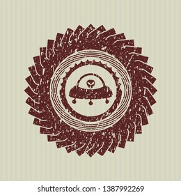 Red ufo with aline inside icon inside rubber grunge texture stamp