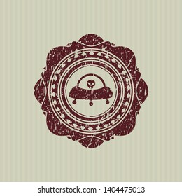 Red ufo with aline inside icon inside distress rubber stamp with grunge texture
