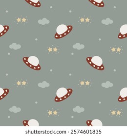 Red ufo cartoon so cute. On star cloud green background. Pattern seamless vector illustration. 