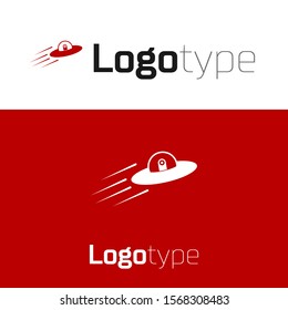 Red UFO flying spaceship and alien icon isolated on white background. Flying saucer. Alien space ship. Futuristic unknown flying object. Logo design template element. Vector Illustration