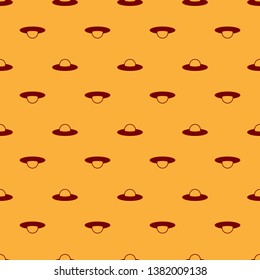 Red UFO flying spaceship icon isolated seamless pattern on brown background. Flying saucer. Alien space ship. Futuristic unknown flying object. Flat design. Vector Illustration
