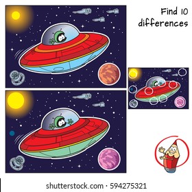 Red UFO with green alien. Find 10 differences. Educational game for children. Cartoon vector illustration.