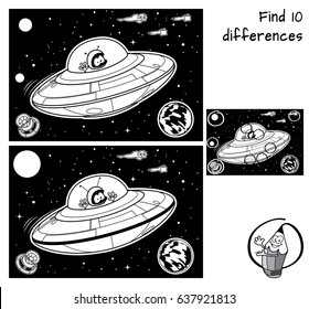 Red UFO with green alien. Find 10 differences. Educational game for children. Black and white cartoon vector illustration.