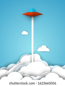 Red ufo spaceship fly in blue sky above white clouds. Science concept inspiration. Paper art cartoon 3d realistic trendy craft style. Modern origami design template. Funny cute vector illustration.