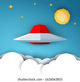 Red ufo spaceship fly over clouds with star and planet. Science concept inspiration. Paper art cartoon 3d realistic trendy craft style. Modern origami design template. Funny cute vector illustration.